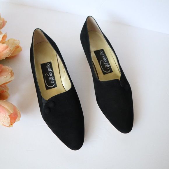 Vintage Shoes - Vintage Cappagallo Black Suede Kitten Heel Pumps Size 7.5